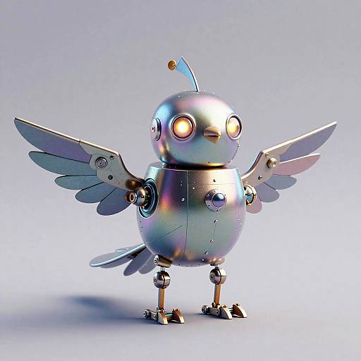 Photorealistic CGI of a shiny, metallic bird robot with wings, round eyes, antenna, and segmented limbs, standing on a gradient blue background.