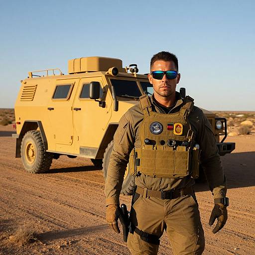Photograph of a muscular man in tactical gear with sunglasses, standing in front of a yellow armored SUV on a desert road.
