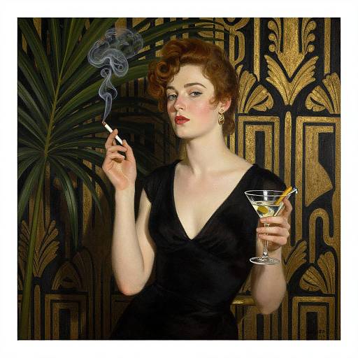 Vintage-style illustration of a fair-skinned woman with red hair, wearing a black dress, smoking a cigarette, and holding a martini glass, against