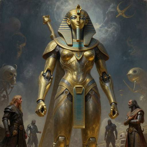 Digital artwork of a golden, robotic Egyptian goddess with a nemes headdress, standing tall amidst ancient warriors and futuristic spacecraft.