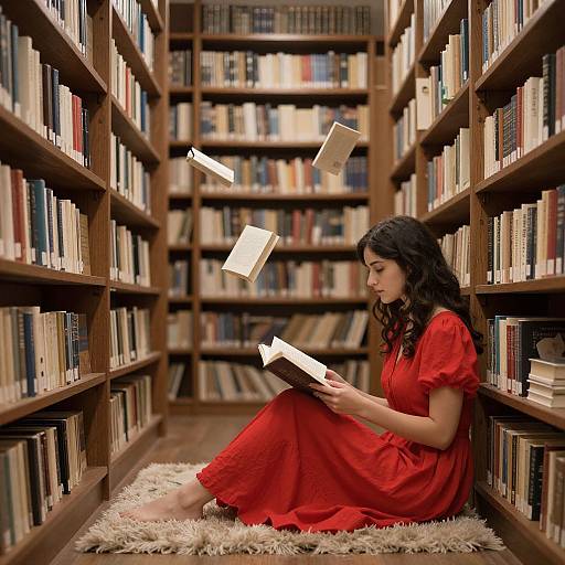 Photograph of a woman with long black hair, wearing a red dress, sitting on a shaggy rug between two wooden bookshelves, books