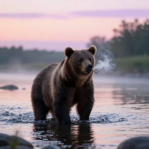 Tranquil Bear Smoking by Riverside Dawn