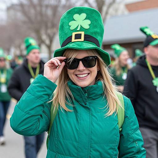 Photograph of smiling blonde woman in green shamrock hat, black sunglasses, green jacket, adjusting hat, surrounded by blurred St. Patrick's Day attendees