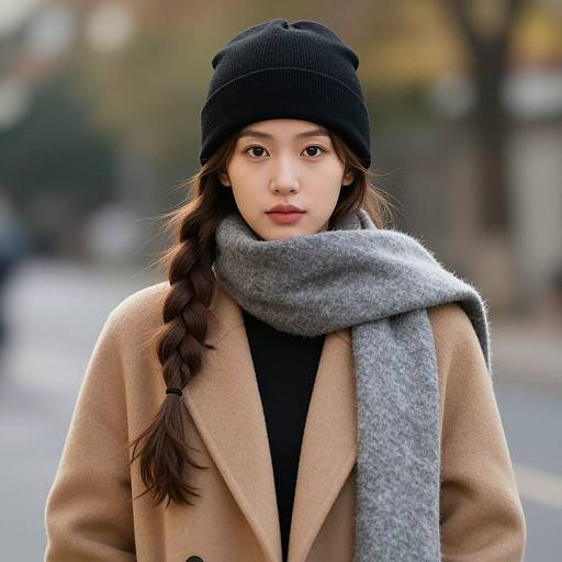 Photograph of an East Asian woman with long braided brown hair, wearing a black beanie, gray scarf, and beige coat, standing on a