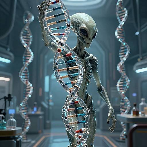 Digital art of a shiny, silver alien with a DNA double helix body standing in a futuristic, blue-lit laboratory.