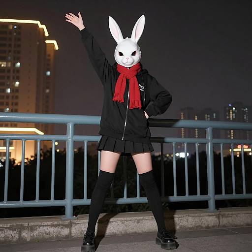 Person Wearing Bunny Mask at Night in Cityscape