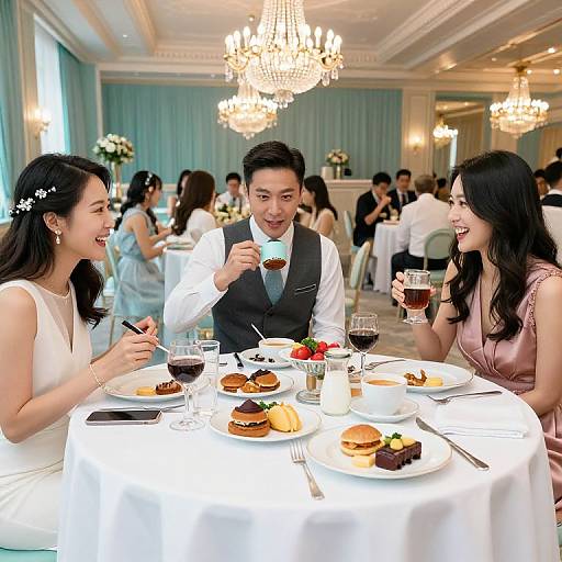Photograph of an elegant wedding reception: Asian man in gray vest, white shirt, and Asian woman in white dress and flower crown, smiling, s