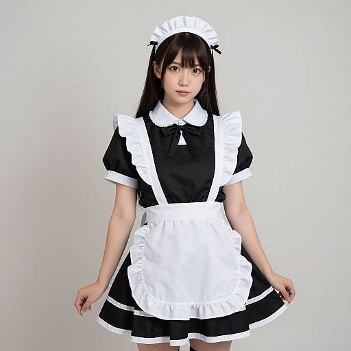 Photograph of an East Asian woman with long black hair, wearing a traditional black and white French maid outfit, standing against a plain white background. She