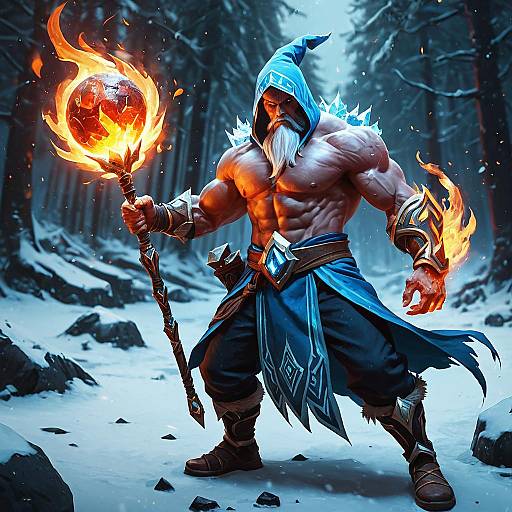 Muscular Ice Mage Casting Fireball in Snowy Forest