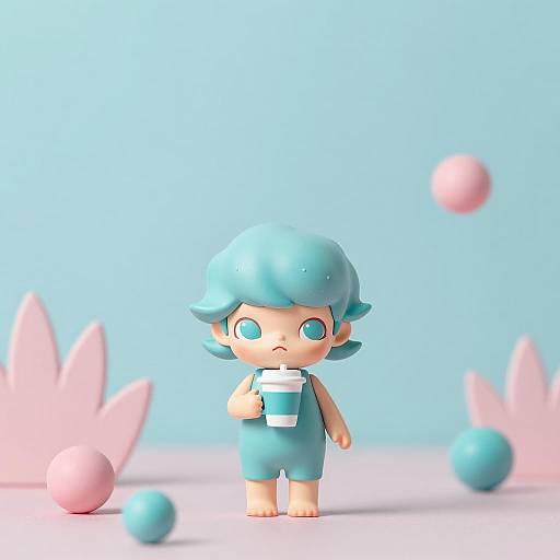 Cute Toy Girl in Colorful Plant Scene