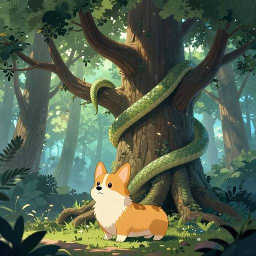 Digital art of a cute orange and white corgi standing in a sunlit forest, with a green snake coiled around a large tree behind it