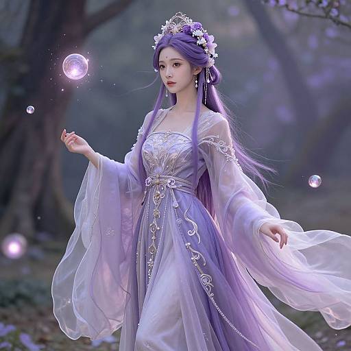 Digital painting of a beautiful, ethereal woman with long purple hair, wearing a flowing, lavender, ornate dress, creating glowing bubbles in a mystical
