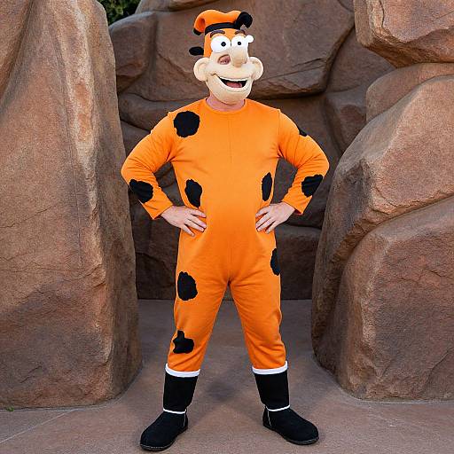 Photograph of a person in a full Bugs Bunny-inspired orange onesie with black spots, black shoes, and a matching hat, standing confidently between large