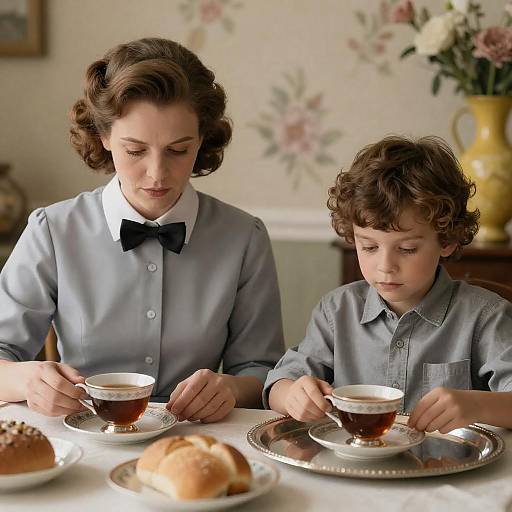 Vintage Tea Time with Mother and Son