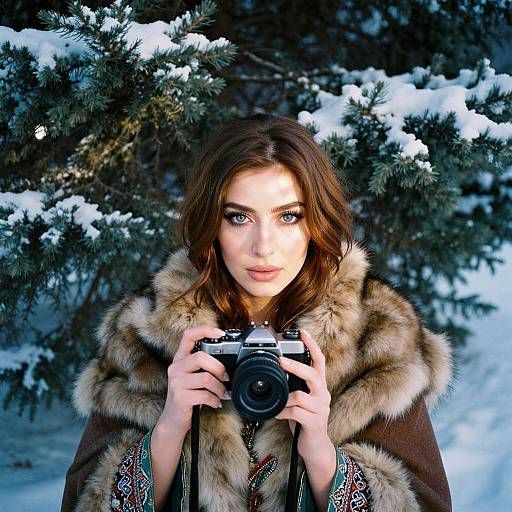 Photograph of a fair-skinned woman with blue eyes, brown wavy hair, wearing a fur-lined brown cloak, holding a camera, standing in