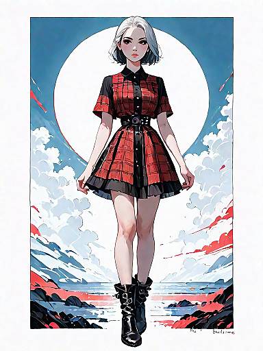 Woman in Mid-Length Tartan Dress