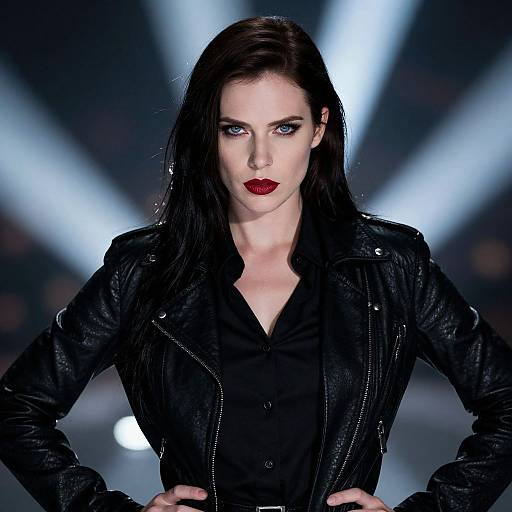 Photograph of a pale-skinned woman with dark, slicked-back hair, wearing a black leather jacket and shirt, with intense blue eyes and red