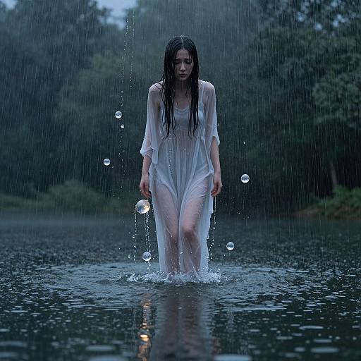 Photograph of a wet, pale-skinned woman with long black hair, wearing a translucent white dress, standing in a rain-soaked lake, surrounded