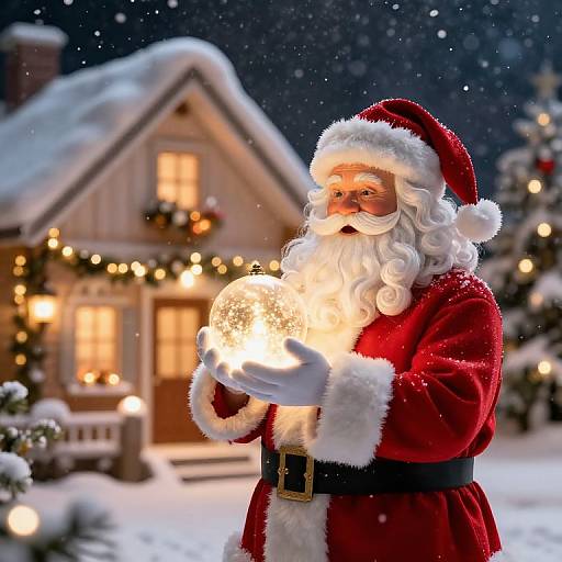 Photograph of Santa Claus with a white beard, red suit, and hat, holding a glowing orb, in a snowy, festive village. Warm-l