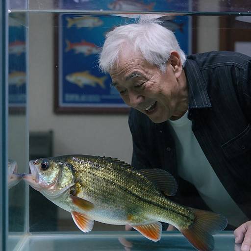Laughing Elderly Man with Fish Tank