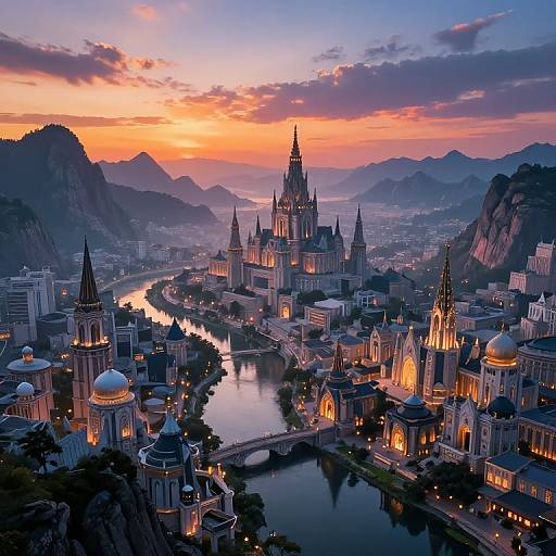 Photograph of a vibrant, illuminated cityscape at sunset, featuring a grand, illuminated central cathedral with spires, surrounded by mountains and a winding river