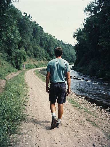 Man Walking Along Riverside Dirt Road