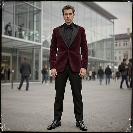 Photograph of a handsome man with short brown hair, wearing a dark red velvet blazer, black bow tie, and black pants, standing confidently in