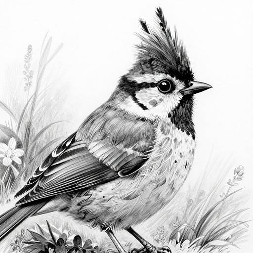 Black-and-white digital drawing of a detailed, feathered blue jay with a prominent crest, perched on grassy foliage.
