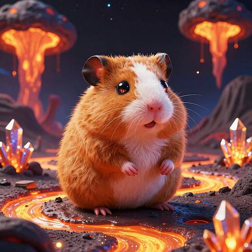 Digital artwork of a fluffy, brown and white hamster with large eyes, standing on a glowing, lava-filled alien landscape with floating jellyfish-like organisms