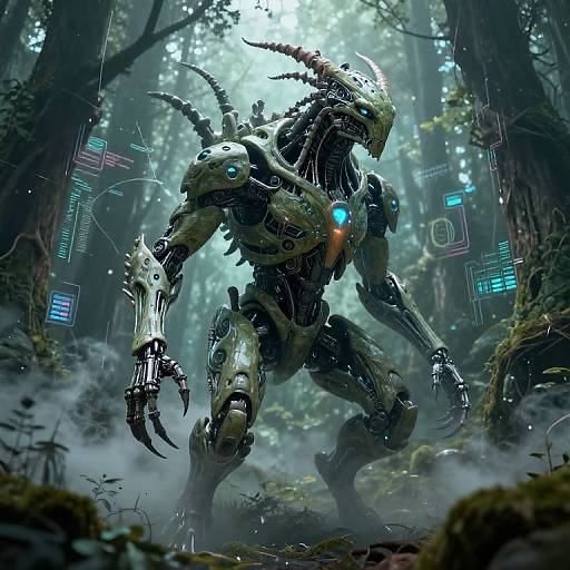Digital art of a cybernetic, horned creature with glowing blue eyes and sharp claws in a misty, futuristic forest. Neon holograms float