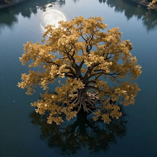 Photograph of a solitary tree with golden yellow leaves floating on a calm, dark blue lake, with sunlight reflecting off the water.