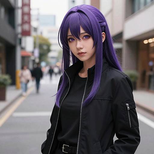 Woman with Purple Hair in Black Jacket on Street