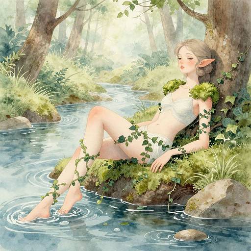 Digital painting of a fair-skinned, elven woman with pointed ears, reclining by a serene forest stream, partially covered in green foliage, wearing