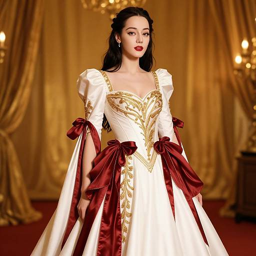 Photorealistic digital image of a fair-skinned woman with black hair, red lips, and gold earrings, wearing an ornate white gown with red
