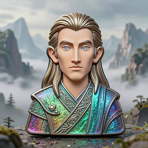 Digital artwork of a handsome, blue-eyed man with long, blonde hair, wearing a shimmering, multicolored, medieval-style robe, set against