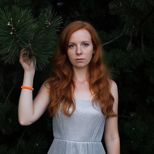 Photograph of a fair-skinned, red-haired woman with freckles, wearing a silver, sparkly sleeveless dress, holding pine branches,
