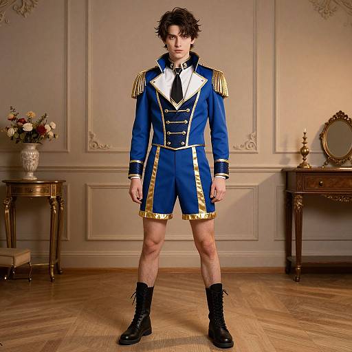 Photograph of a young man with curly brown hair, wearing a blue and gold military-style uniform, black boots, standing in an elegant room with floral