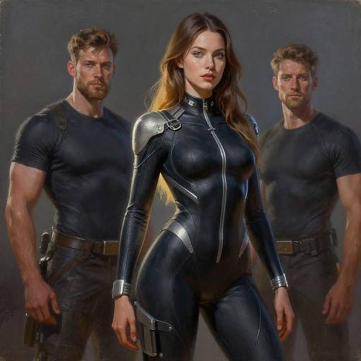Photorealistic CGI: Attractive woman in shiny black leather suit stands confidently between two muscular men in dark shirts, gray background.