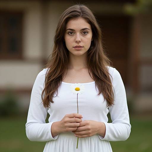 Photograph of a young woman with long brown hair, wearing a white dress, holding a single daisy, standing outdoors with a blurred background.