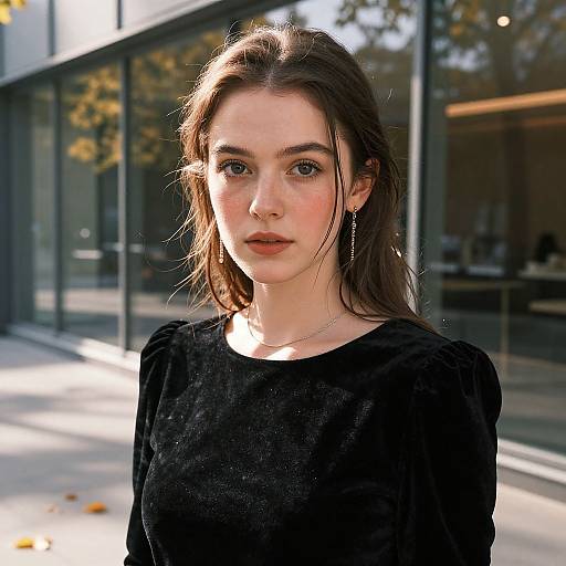 Photograph of a young Caucasian woman with fair skin, brown hair, and blue eyes, wearing a black textured top, standing outdoors in front of a
