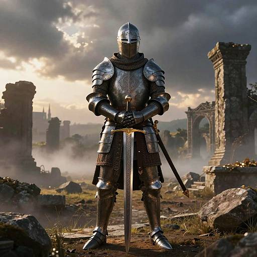 Photorealistic digital art: Medieval knight in full, shiny silver armor stands with sword in misty, ruined castle landscape at sunrise.