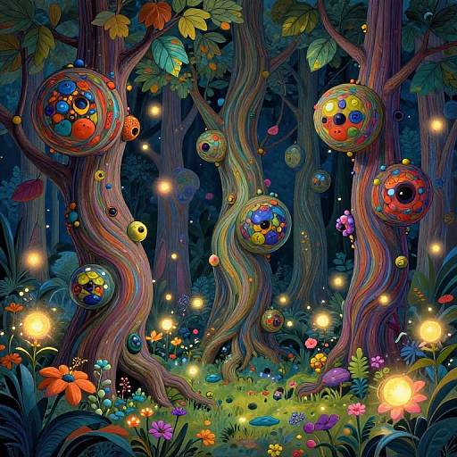 Whimsical digital art of a vibrant, magical forest with colorful, glowing orbs hanging from twisted, multicolored trees, surrounded by glowing fireflies
