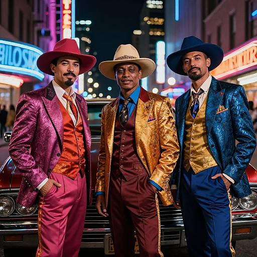 Photograph of three men in vibrant suits and hats, neon-lit city street backdrop, wearing gold, pink, and blue blazers, standing confidently