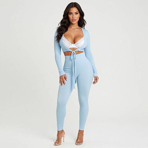 Photograph of a curvy woman with long black hair, wearing a white lace crop top and light blue high-waisted pants, standing against a