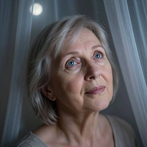 Photograph of an elderly woman with short gray hair, blue eyes, and fair skin, gazing upwards through sheer white curtains in a dimly lit