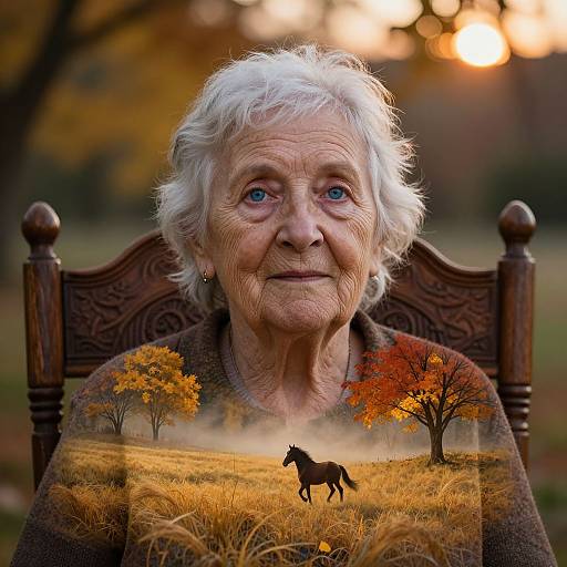 Photograph of an elderly white woman with short white hair, blue eyes, and wrinkles, sitting outdoors in autumn, with a digitally superimposed autumn