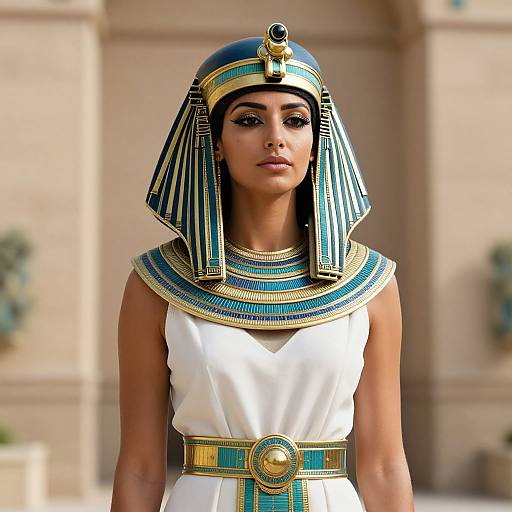 Photograph of a young woman with dark skin, wearing an ancient Egyptian headdress, white dress, and blue-green striped necklace, standing in a sun