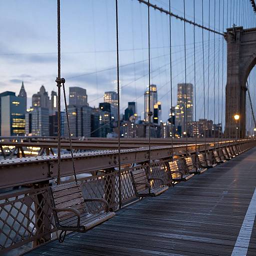 Photograph of a wooden bridge at dusk with empty benches, city skyline in the background, and illuminated buildings.