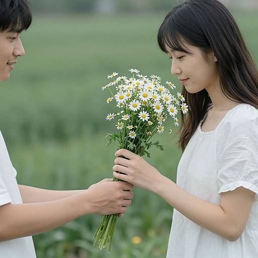 Photograph of an Asian couple in white clothes, outdoors, with the woman holding a bouquet of white daisies, smiling gently.