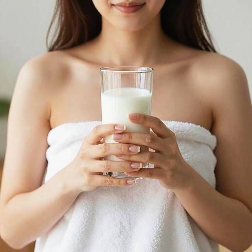 Asian woman with long dark hair, smiling, holding a glass of milk, wrapped in a white towel, soft natural light.